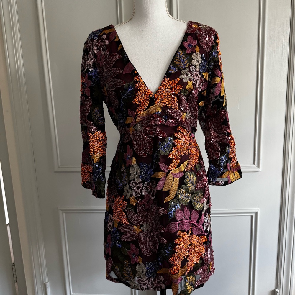 ANTHROPOLOGIE Floral Sequin V-Neck Mini Dress
